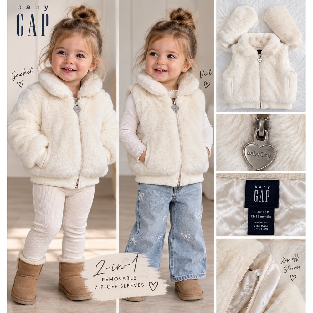 Baby Gap Faux Fur Jacket Kids 12-18M Ivory Convertible Zip Off Sleeves Vest Coat